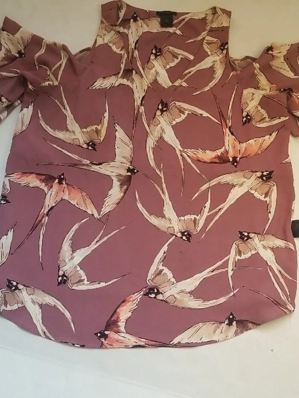 Ann Taylor Mauve Cold-Shoulder Bird-Print Blouse